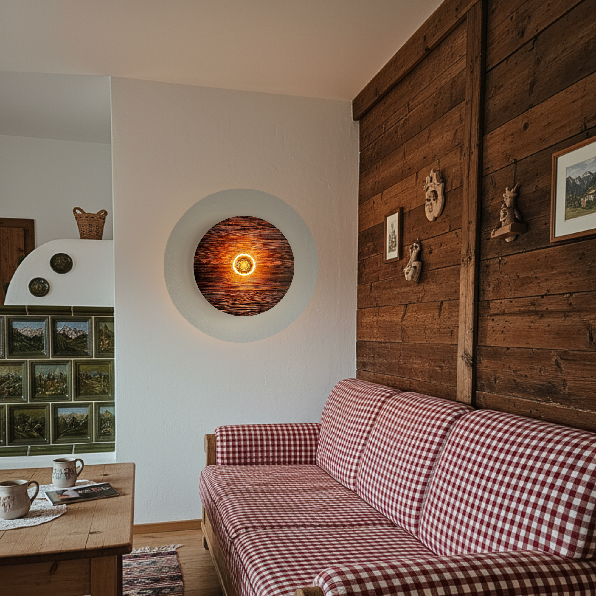 Wandlampe aus Altholz, rund